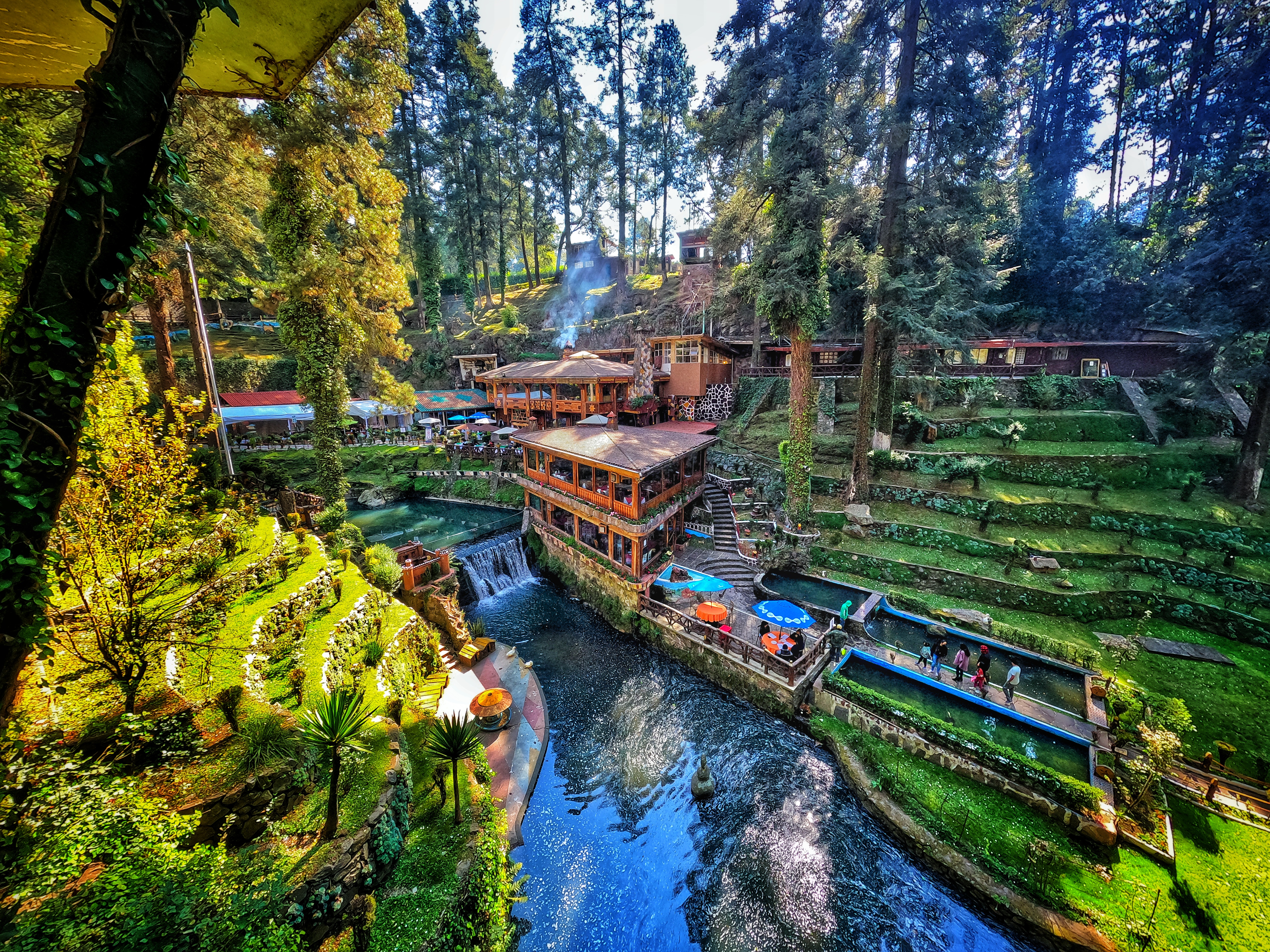 Restaurante rodeado de bosque y agua